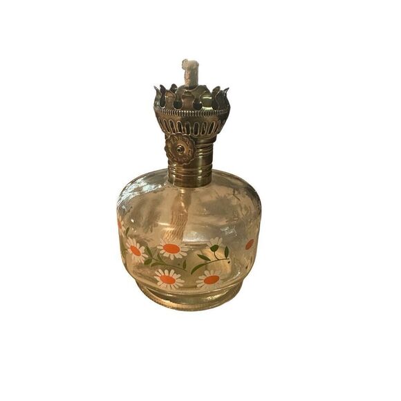 Vintage New Glass Daisy Print Kerosene Lamp Base Only 4.5” Never Used - Picture 1 of 11